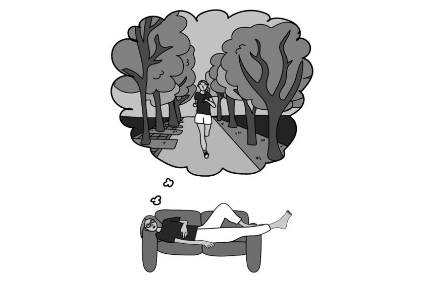 Comic illustration of a woman lying on sofa dreaming of going for a run.