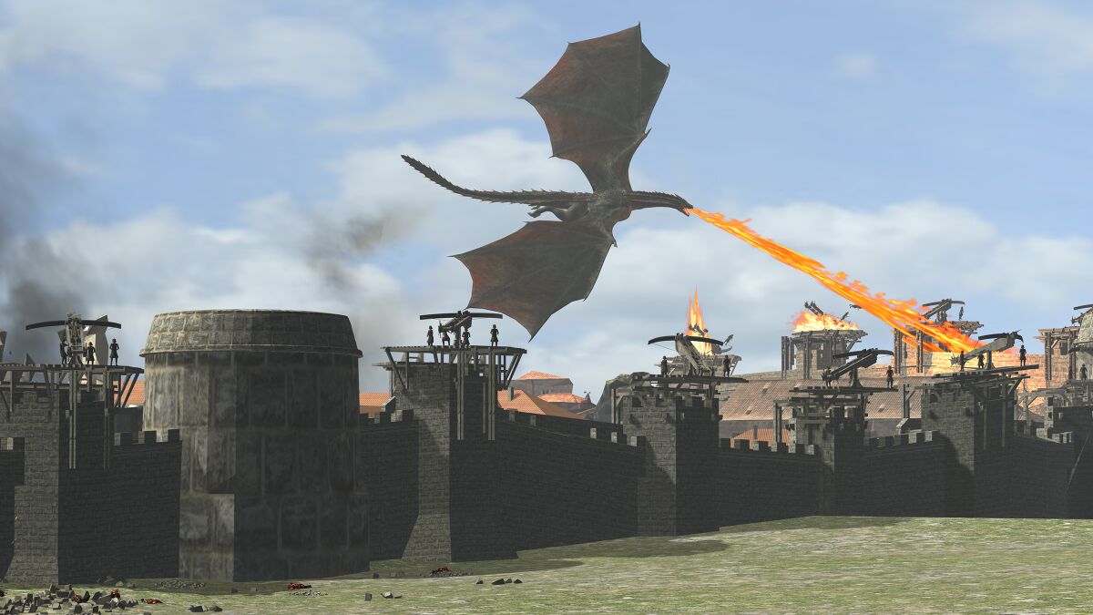 Drogon knocks out King’s Landing’s defenses in this shot visualized by the Third Floor from Tyrion’s vantage point on a nearby ridge from "Game of Thrones" Season 8, Episode 5 “The Bells.”
