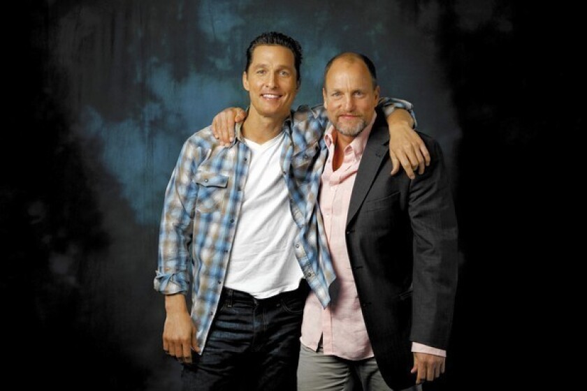 Matthew McConaughey, left, and Woody Harrelson of the new HBO series "True Detective" are photographed in Beverly Hills.
