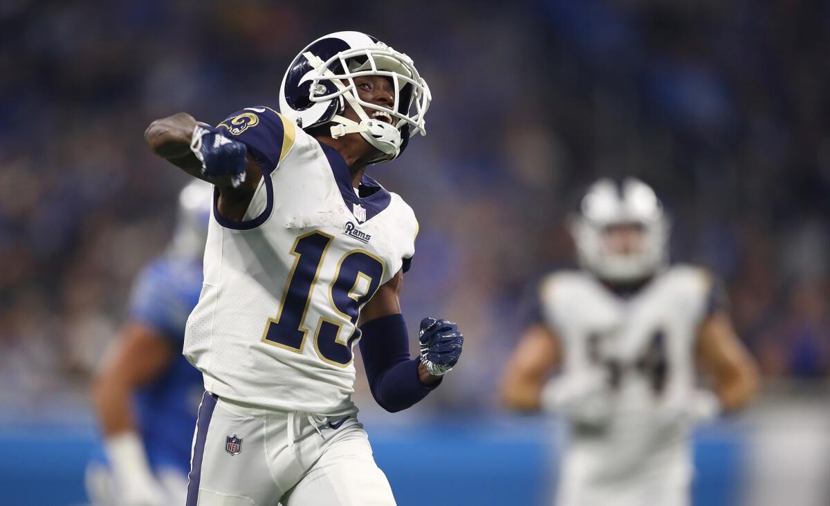 JoJo Natson #19 of the Los Angeles Rams celebrates a long run against the Detroit Lions during the first quarter at Ford Field on December 2, 2018 in Detroit, Michigan.
