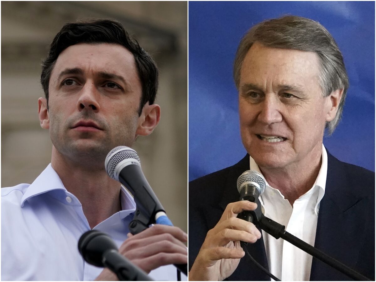 This combination of photos shows Democratic candidate for Senate Jon Ossoff, left, on Nov. 10, 2020, and Republican candidate for Senate Sen. David Perdue on Nov. 2, 2020, in Atlanta. The two are in a runoff election for the Senate seat. (AP Photo/John Bazemore)