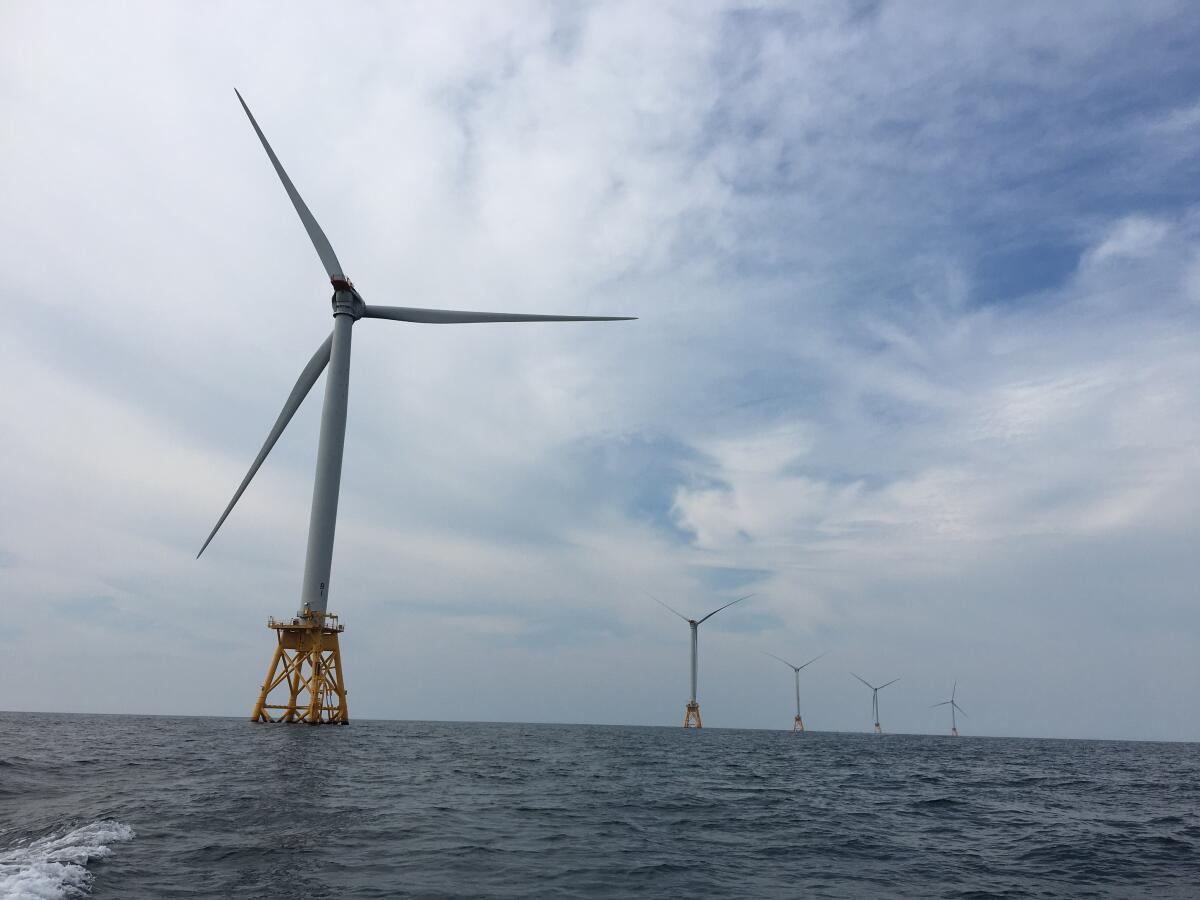Wind turbines at the Block Island Wind Farm off  Rhode Island. 