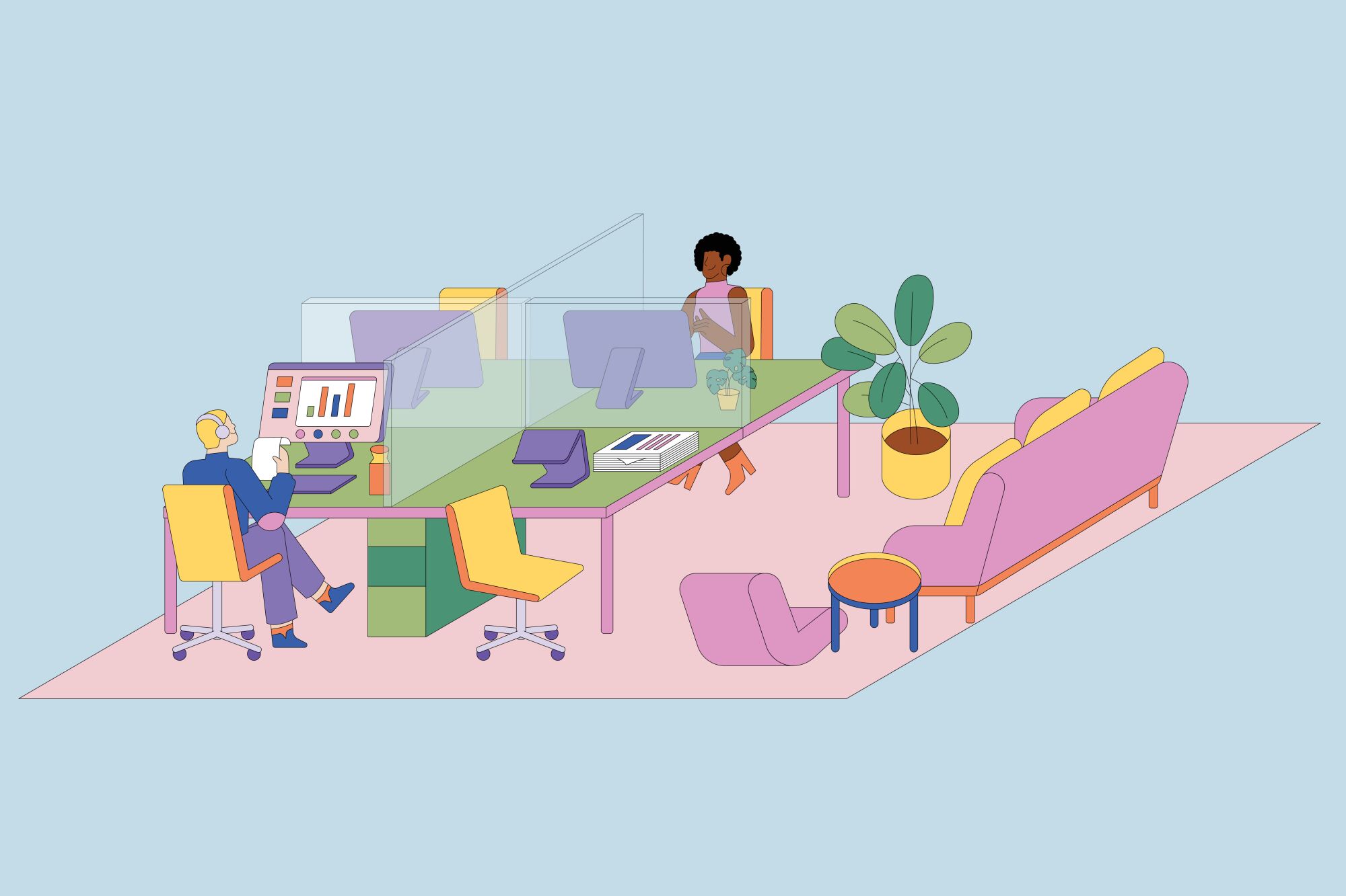 An illustration shows an office with shields around desks and an open office for meetings.