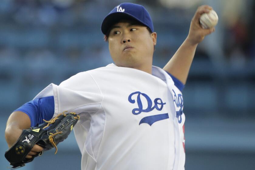 Dodgers starter Hyun-Jin Ryu delivers a pitch during a game against the Arizona Diamondbacks on Sept. 6.