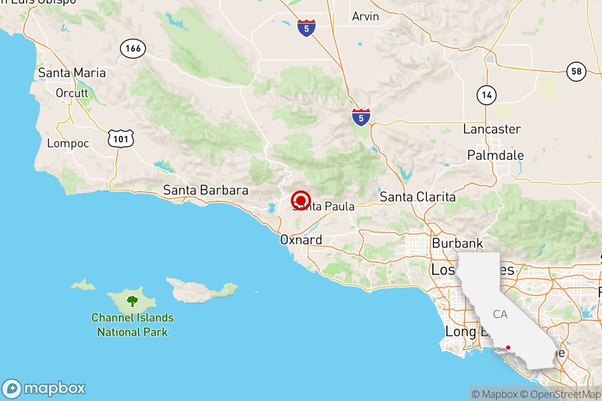 A map shows a red dot in a red circle over Santa Paula.