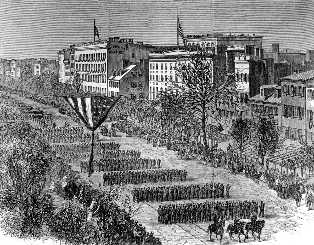 Engraved view of the funeral of President Lincoln, with soldiers marching the streets of Springfield, Ill. on May 3, 1865.