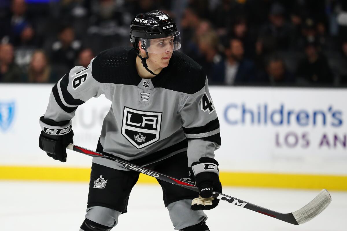 Kings forward Blake Lizotte gets ready for a faceoff against the Vegas Golden Knights on April 6.