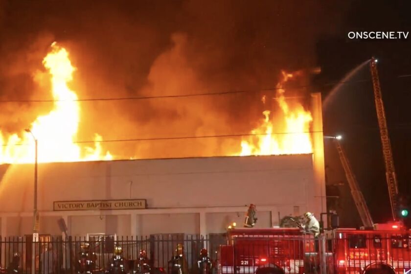 Three firefighters were injured battling a fire at a century-old church in south central Los Angeles early Sunday, including one who needed to be rescued when the ceiling collapsed on him, authorities said. Fire crews responded to the Victory Baptist Church (4802 S Mckinley Avenue) around 2:20 a.m. and immediately encountered intense flames and smoke as they rushed inside to try to save the church.