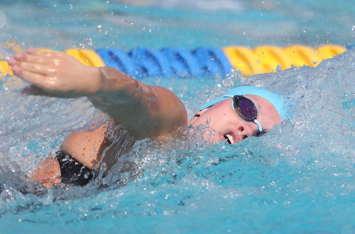 Corona del Mar's Maggie Schalow swims the girls' 200-yard free in the Division 1 swimming championships on Friday.