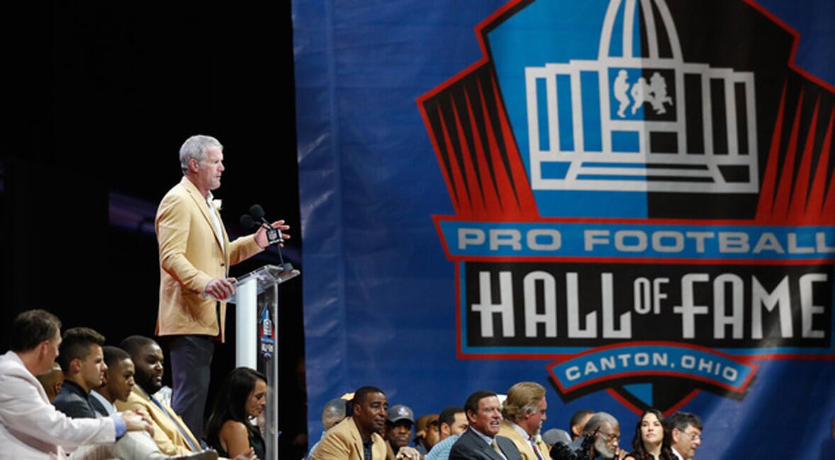 Brett Favre, former NFL quarterback, speaks during his 2016 Class Pro Football Hall of Fame induction speech during the NFL Hall of Fame Enshrinement Ceremony at the Tom Benson Hall of Fame Stadium on August 6, 2016 in Canton, Ohio.