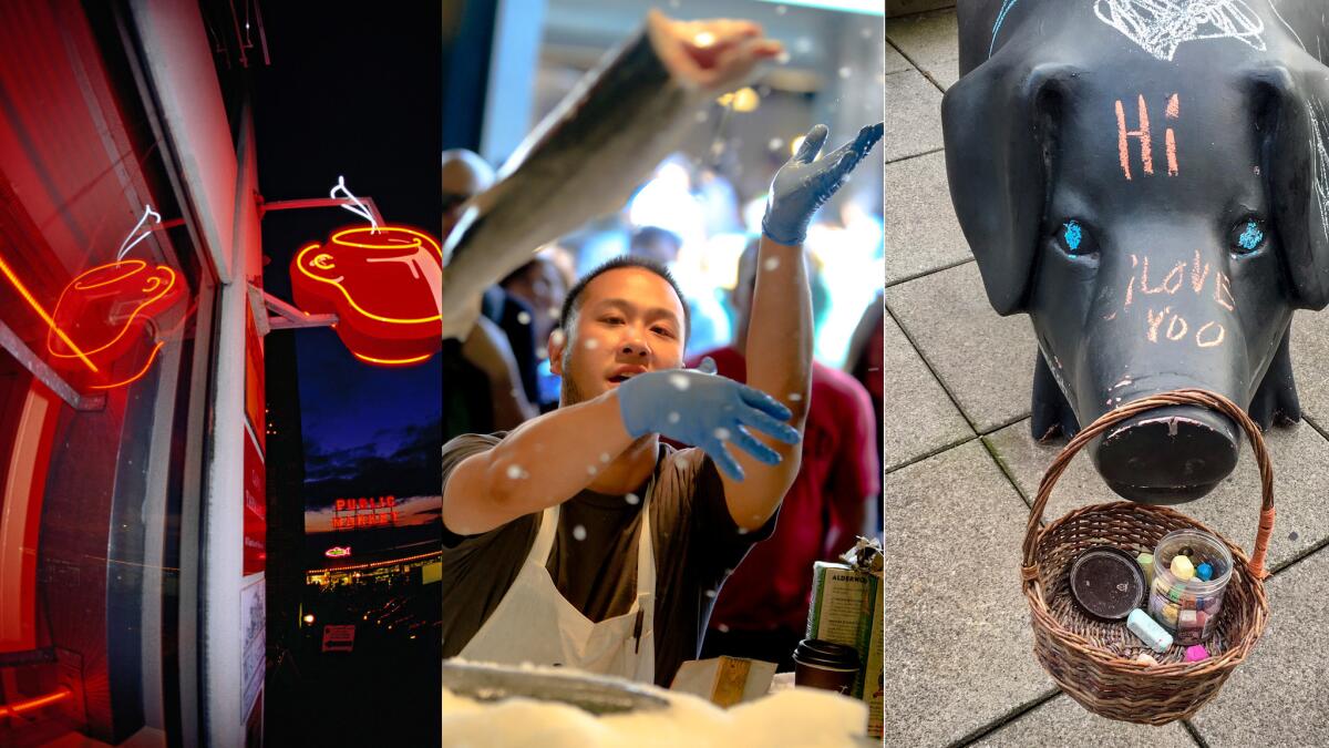 From left: a sign from Pike Place Market; Man tossing fish around; A write-on-me-with-chalk pig in the market's garden.