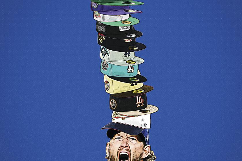 An illustration of Clayton Kershaw features multiple styles of Dodgers hats perched atop his head.