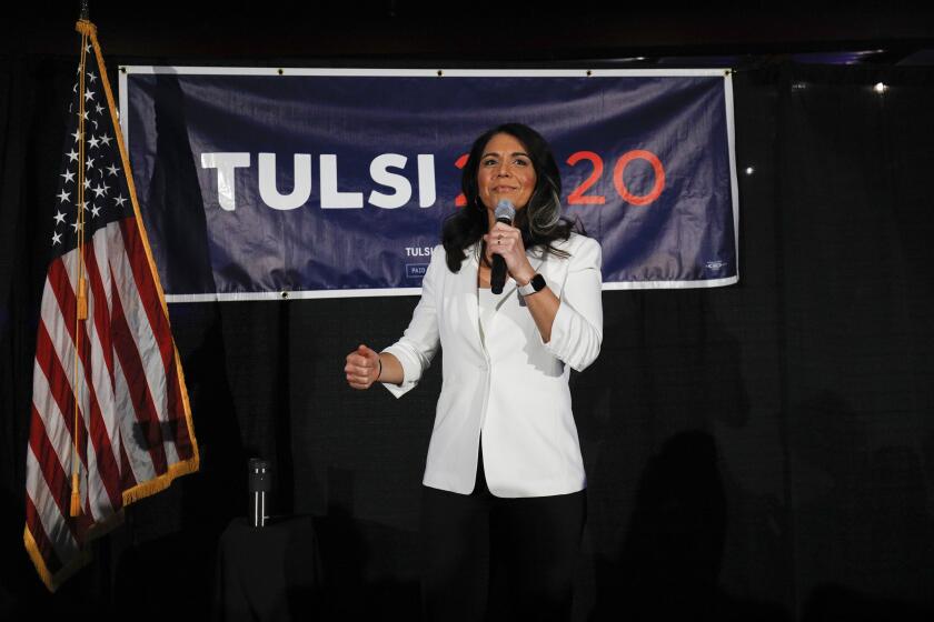DETROIT, MI - MARCH 03: Democratic presidential candidate U.S. Representative Tulsi Gabbard (D-HI) holds a Town Hall meeting on Super Tuesday Primary night on March 3, 2020 in Detroit, Michigan. Gabbard, the first Samoan American and first Hindu elected to Congress, is one of two women left in the Democratic Primary, the other being Senator Elizabeth Warren. (Photo by Bill Pugliano/Getty Images)
