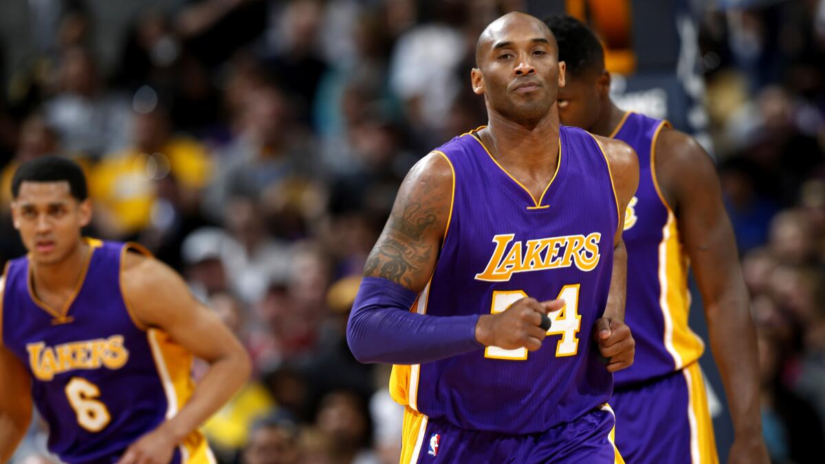 Lakers forward Kobe Bryant (24) and guard Jordan Clarkson last played on Wednesday at Denver.