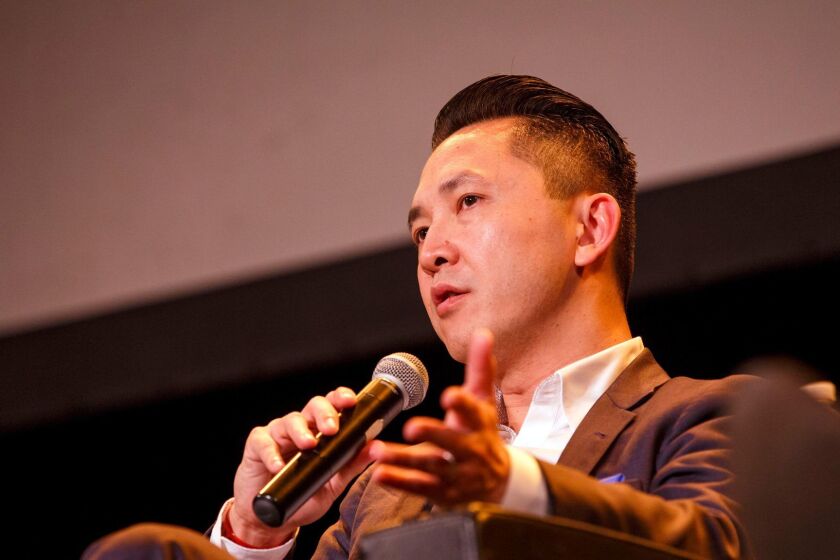 Author Viet Thanh Nguyen, 2016 Pulitzer Prize winner for âThe Sympathizer,â speaks during The Pulitzer Centennial Celebration at the Ebell Theatre on Thursday, May 19, 2016 in Los Angeles, Calif. (Patrick T. Fallon/ For The Los Angeles Times)