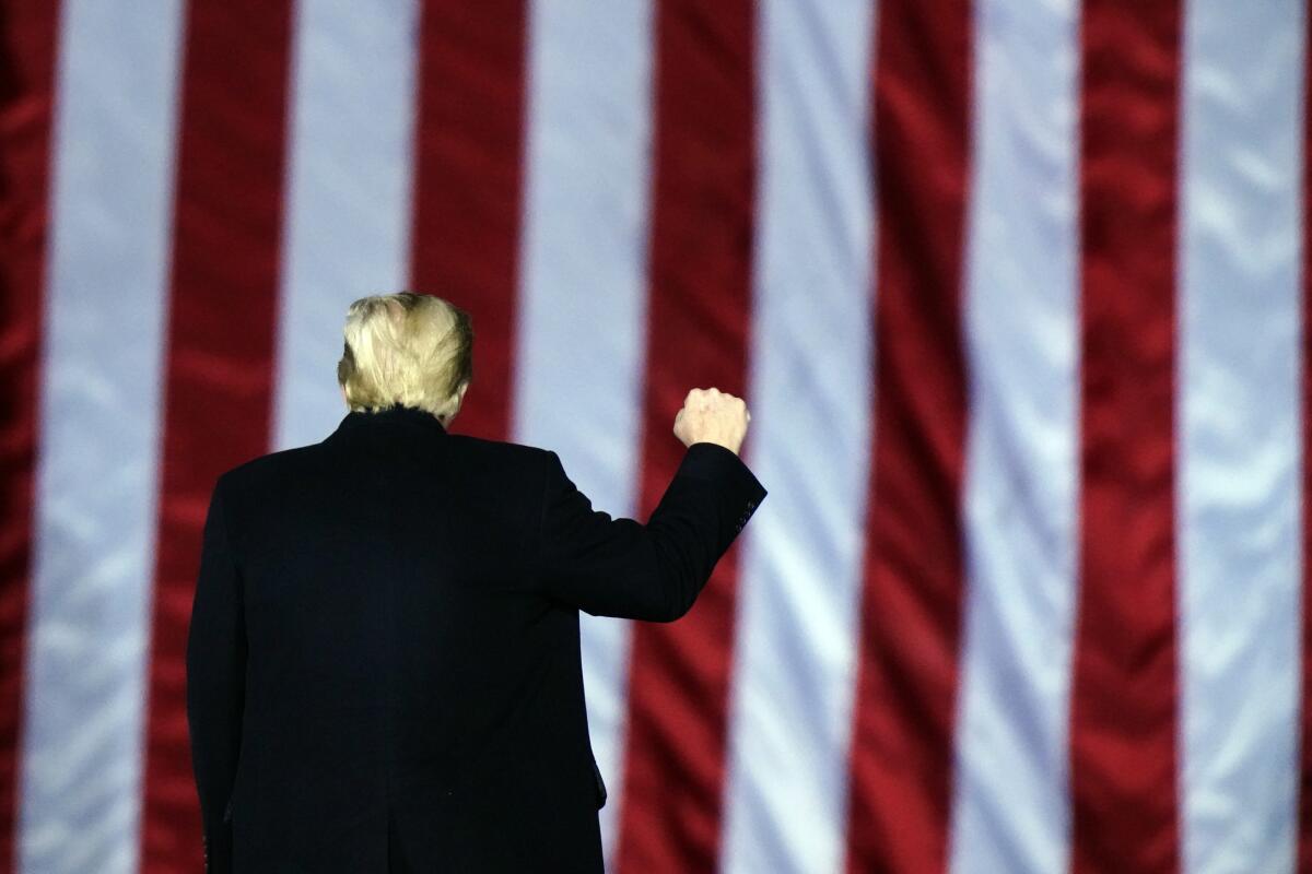 President Trump raises a fist at a rally for Senate candidates Kelly Loeffler and David Perdue in Dalton, Ga., on Monday.