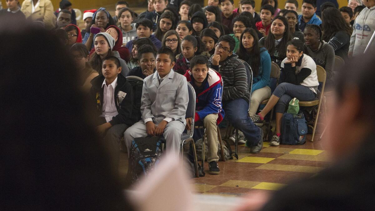 The teachers of these students at Drew Middle School have not been evaluated enough, says the advocacy group Parent Revolution. In this 2014 photo, students watch classmates debate solutions to homelessness.