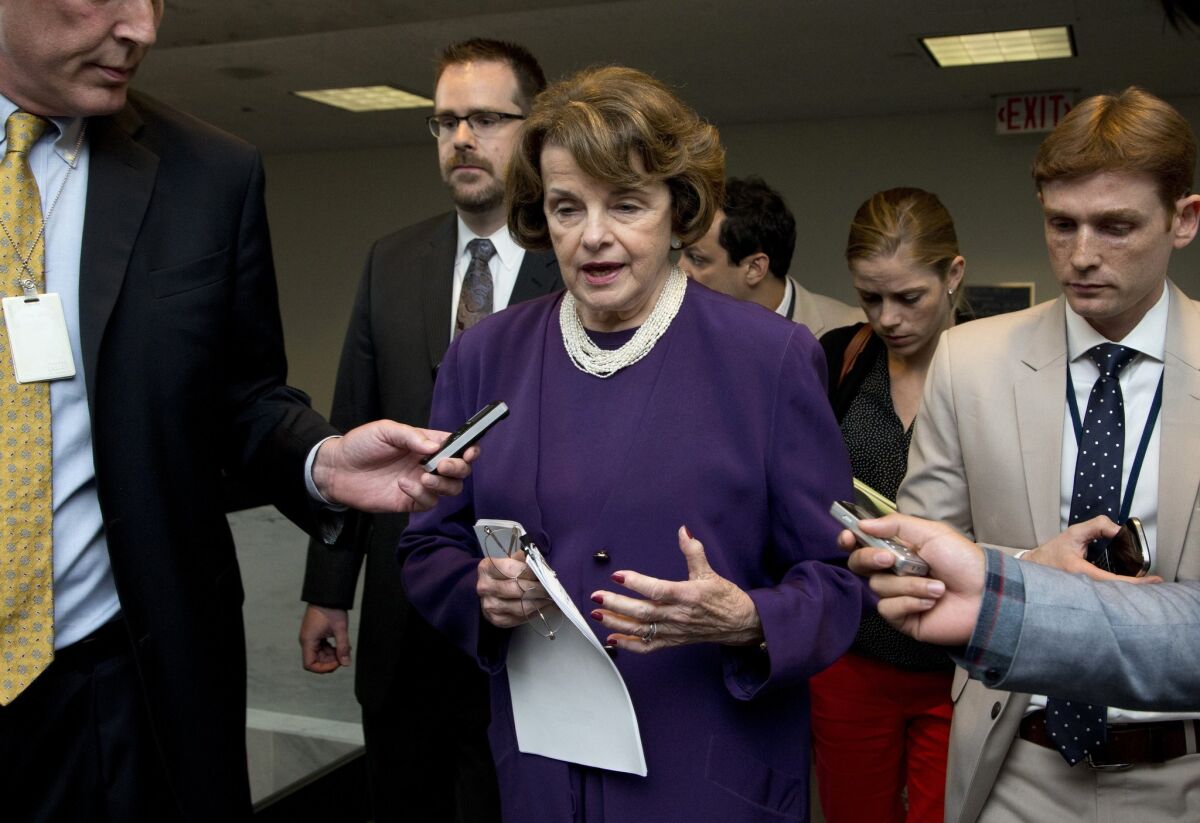 Sen. Dianne Feinstein of the Senate Intelligence Committee with reporters on Capitol Hill on June 3.