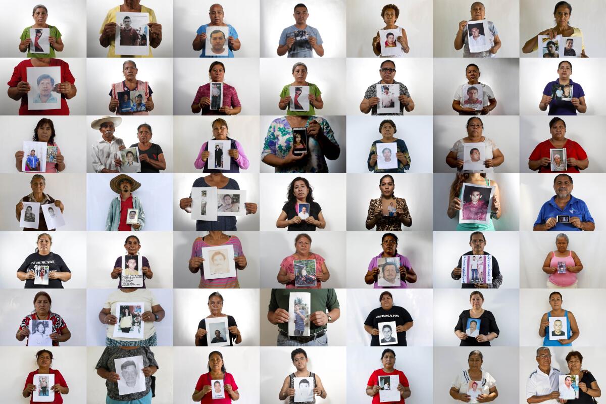 ARCHIVO - Un composición fotográfica de personas sosteniendo imágenes de parientes desaparecidos en Iguala