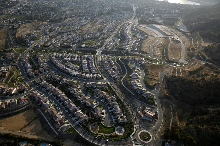 An aerial view of Valencia, a primarily single-family neighborhood of the Los Angeles County suburb Santa Clarita.