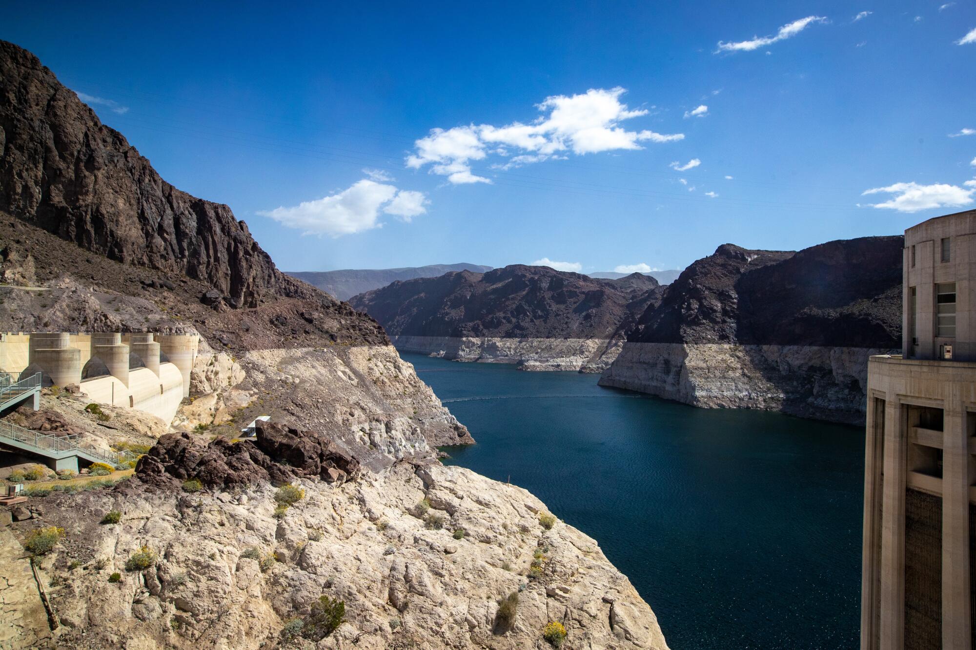 White walls around Lake Mead show how far it has declined.