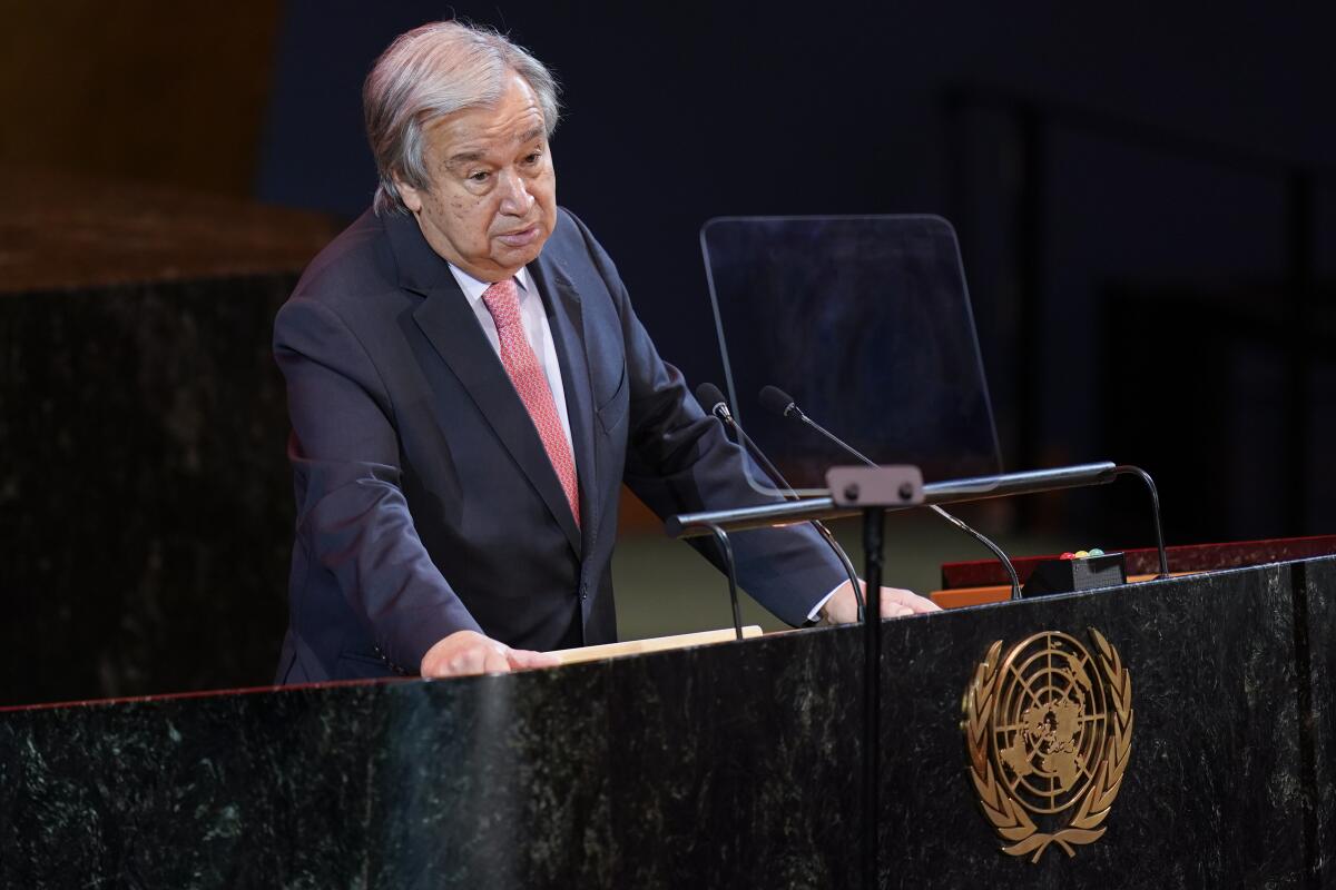 United Nations Secretary-General Antonio Guterres speaking at lectern