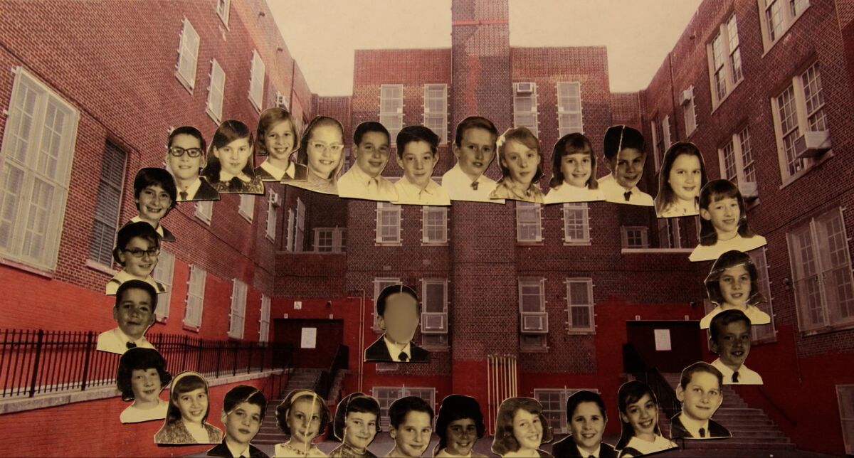 A collage of children's faces against a brick building from the short film “When We Were Bullies.”