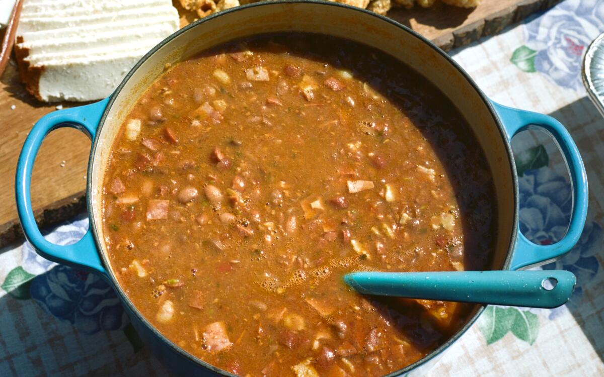Overhead view of a pot of Frijoles Charros.