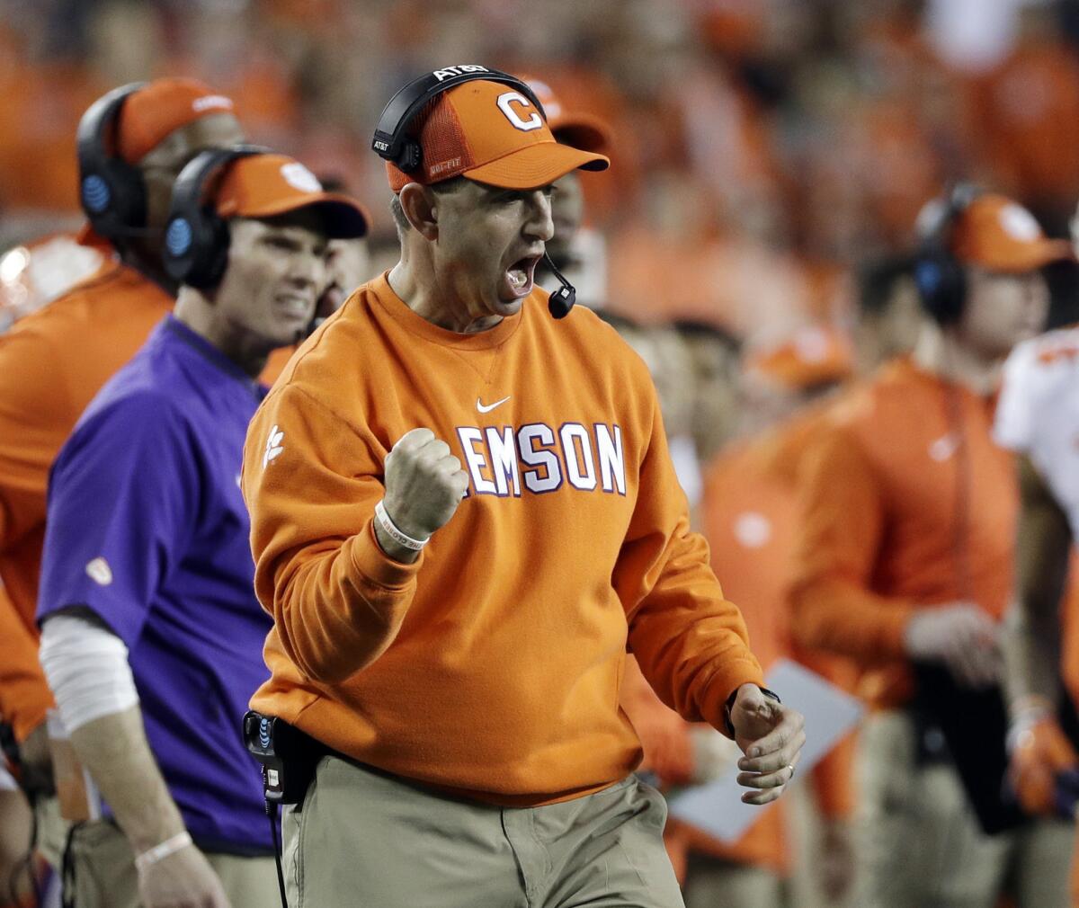 Clemson coach Dabo Swinney reacts during the College Football Playoff championship game against Alabama on Jan. 7 in Santa Clara, Calif..