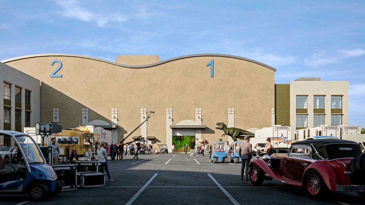Rendering of the exterior of soundstages at the planned Sunset Glenoaks Studios.