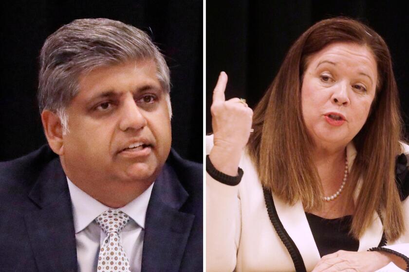 Diptych of candidates for the city attorney's race from left, Faisal Gill and Hydee Feldstein-Soto.