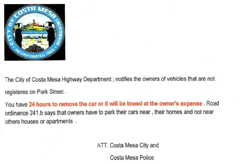 A fake flier bearing an illegal reproduction of the Costa Mesa city seal was found on a vehicle parked near Lions Park. 