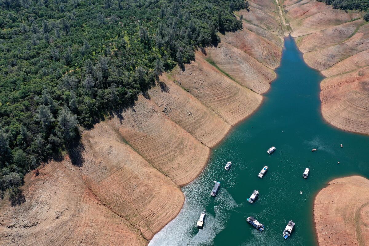An aerial view showing houseboats on Lake Oroville