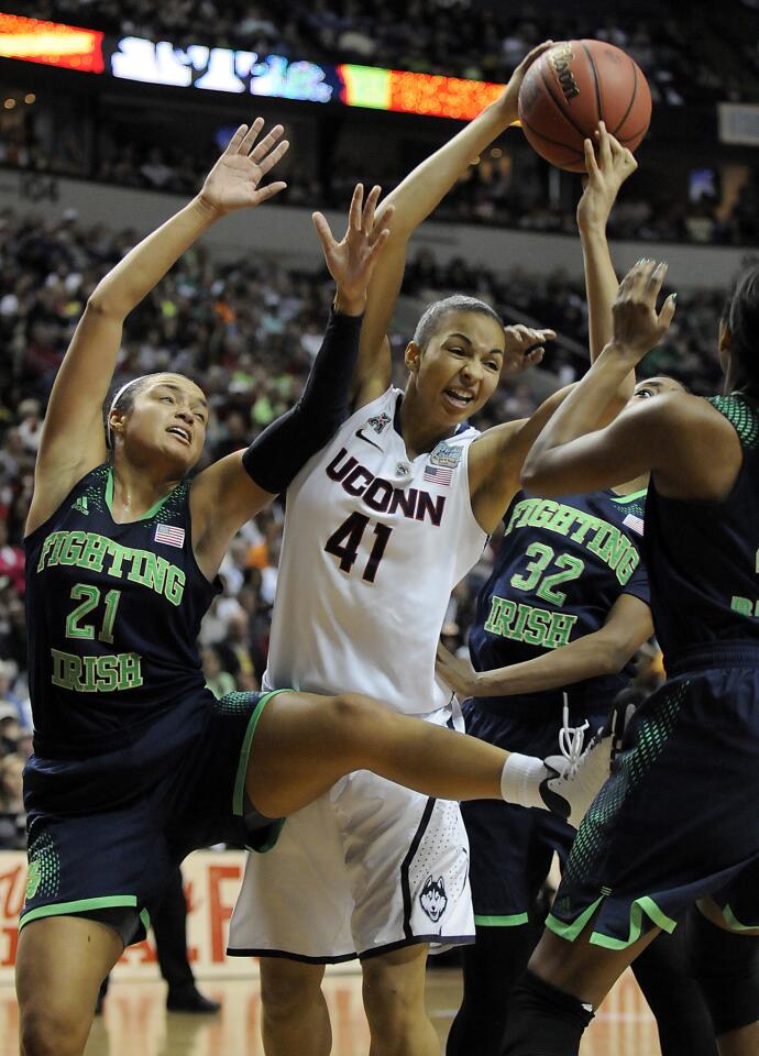 Connecticut Huskies center Kiah Stokes (41) had 8 rebounds for the Huskies against Kayla McBride (21), Jewell Loyd (32) and and Notre Dame as UConn defeated Notre Dame79-58 for the 2014 NCAA Women's National Championship in Nashville, TN., Tuesday night at the Bridgestone arena.