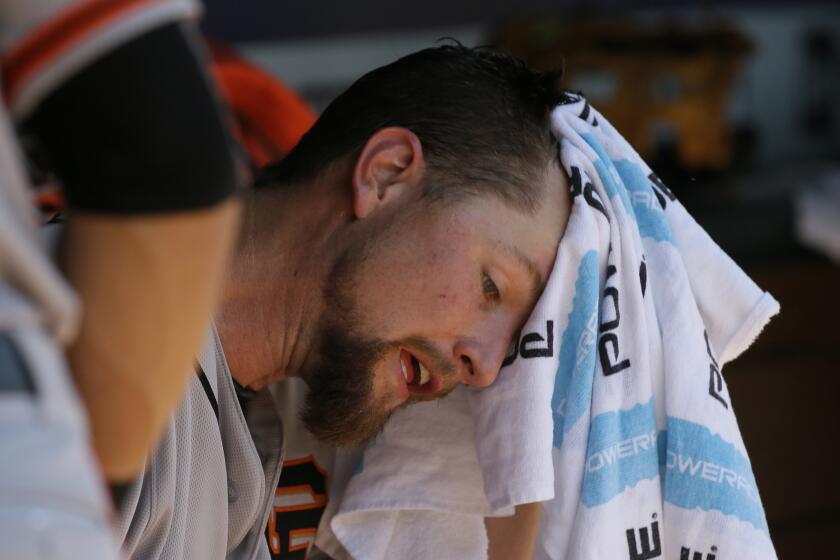 Giants starting pitcher Mike Leake will miss his next start due to a hamstring injury.