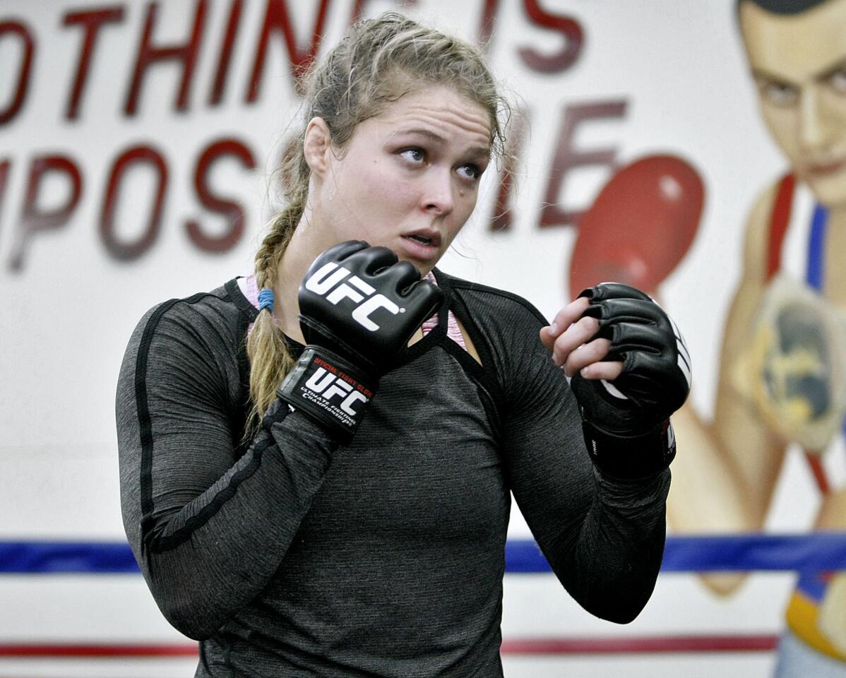 UFC Champion Ronda Rousey keeps her guard up during training session at the Glendale Fighting Club in Glendale on Saturday, February 16, 2013. Rousey, 26, is the current bantamweight champion and #1 ranked 135-pound female MMA fighter in the world.