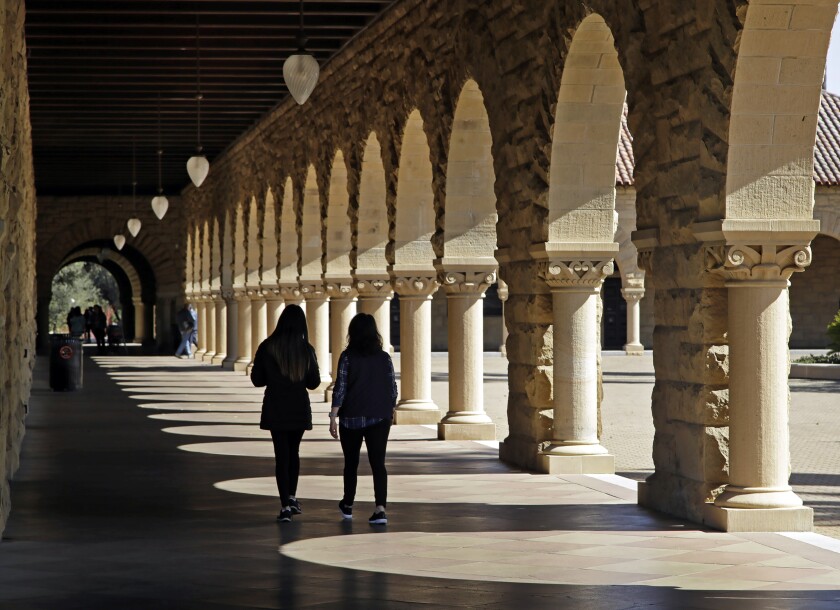 March 2019 photo of students on the Stanford University campus. 