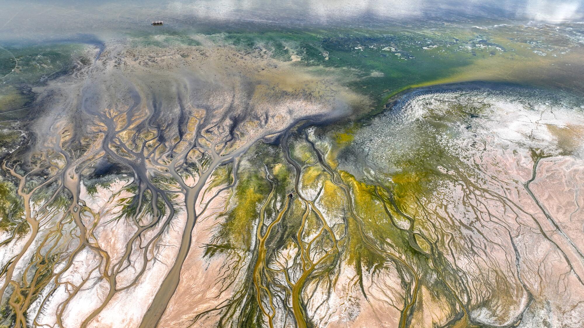 An aerial view of the southern edge of the Salton Sea, where the shoreline is receding fast.