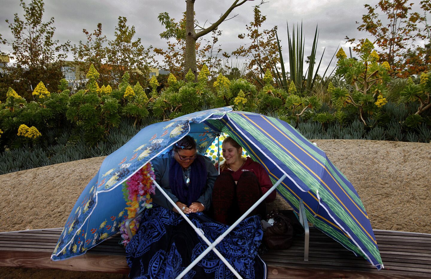 Santa Monica College students Nicole Nicks, left, and Krysta Zeldin, stay dry under the big umbrellas they brought Tuesday to Tongva Park in Santa Monica to celebrate the completion of finals.