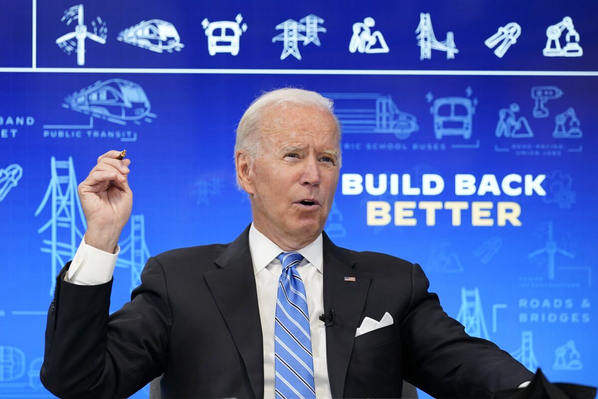 President Joe Biden speaks during a virtual meeting from the South Court Auditorium at the White House complex in Washington, Wednesday, Aug. 11, 2021, to discuss the importance of the bipartisan Infrastructure Investment and Jobs Act. (AP Photo/Susan Walsh)