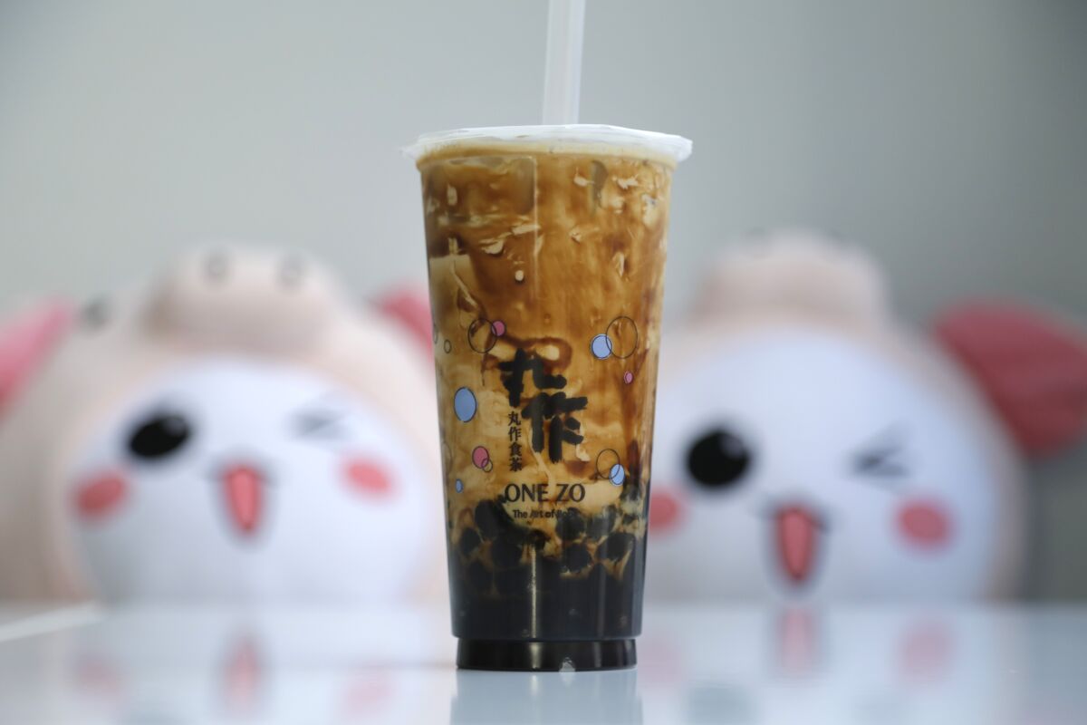 The Tiger Tea at One Zo in Monterey Park. It's brown sugar milk tea with brown sugar boba and, as an add-on, black sesame boba.