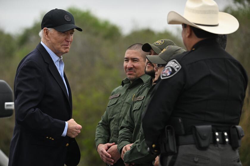 US President Joe Biden (L) speaks with US Border Patrol agents as he visits the US-Mexico border in Brownsville, Texas, on February 29, 2024. (Photo by Jim WATSON / AFP) (Photo by JIM WATSON/AFP via Getty Images)