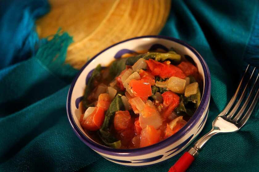 Guisado de quintonil (stewed amaranth greens with tomatoes and onion).