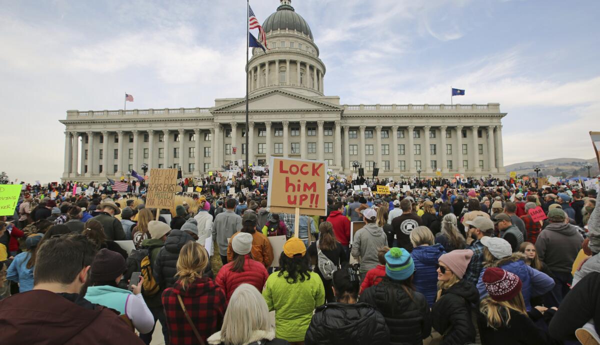 Supporters rally Saturday in Salt Lake City to protest the Trump administration's plans to shrink two national monuments -- Bears Ears and Grand Staircase-Escalante -- in Utah.