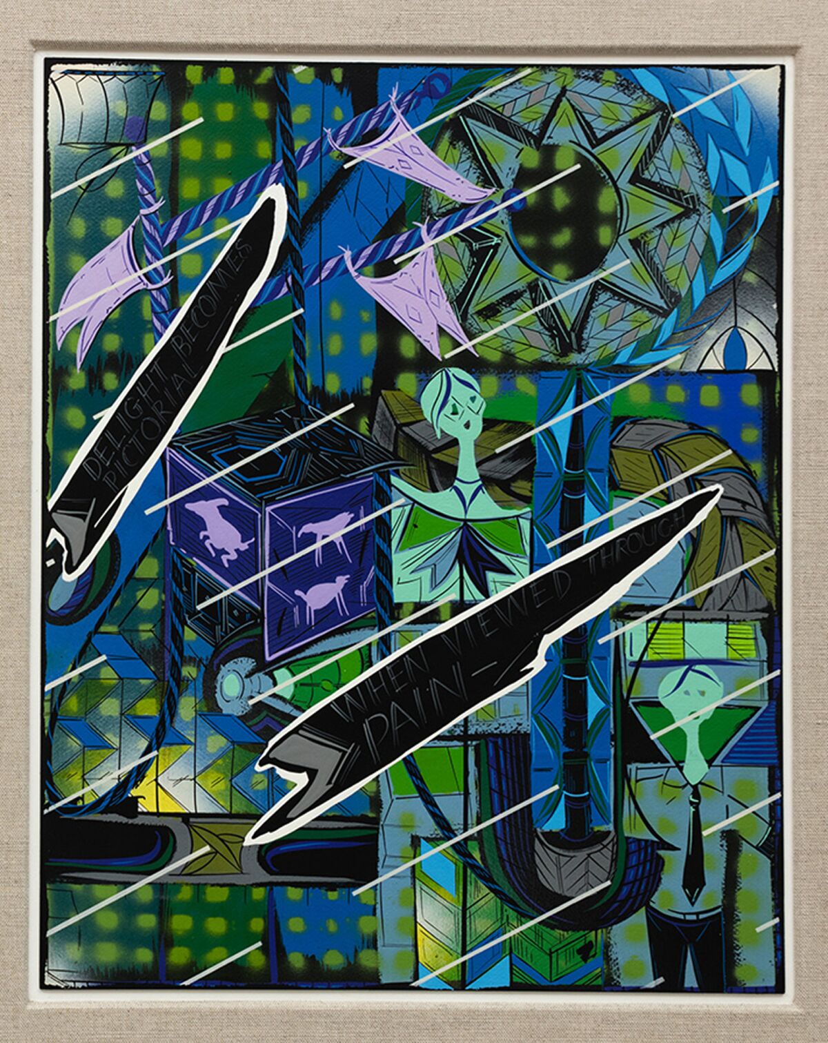 Lari Pittman's "10 Divinations by Emily Dickinson in Greens and Blues," 2015, acrylic and lacquer spray over gessoed, heavyweight paper board, 27 inches by 25 inches by 4 1/2 inches. (Lari Pittman, courtesy of Beth Rudin DeWoody / Huntington Art Collections)