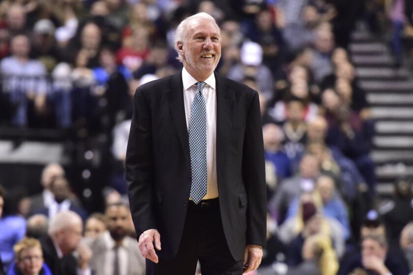 San Antonio Spurs coach Gregg Popovich watches the team play the Toronto Raptors during the second half of an NBA basketball game Friday, Feb. 22, 2019, in Toronto. (Frank Gunn/The Canadian Press via AP)