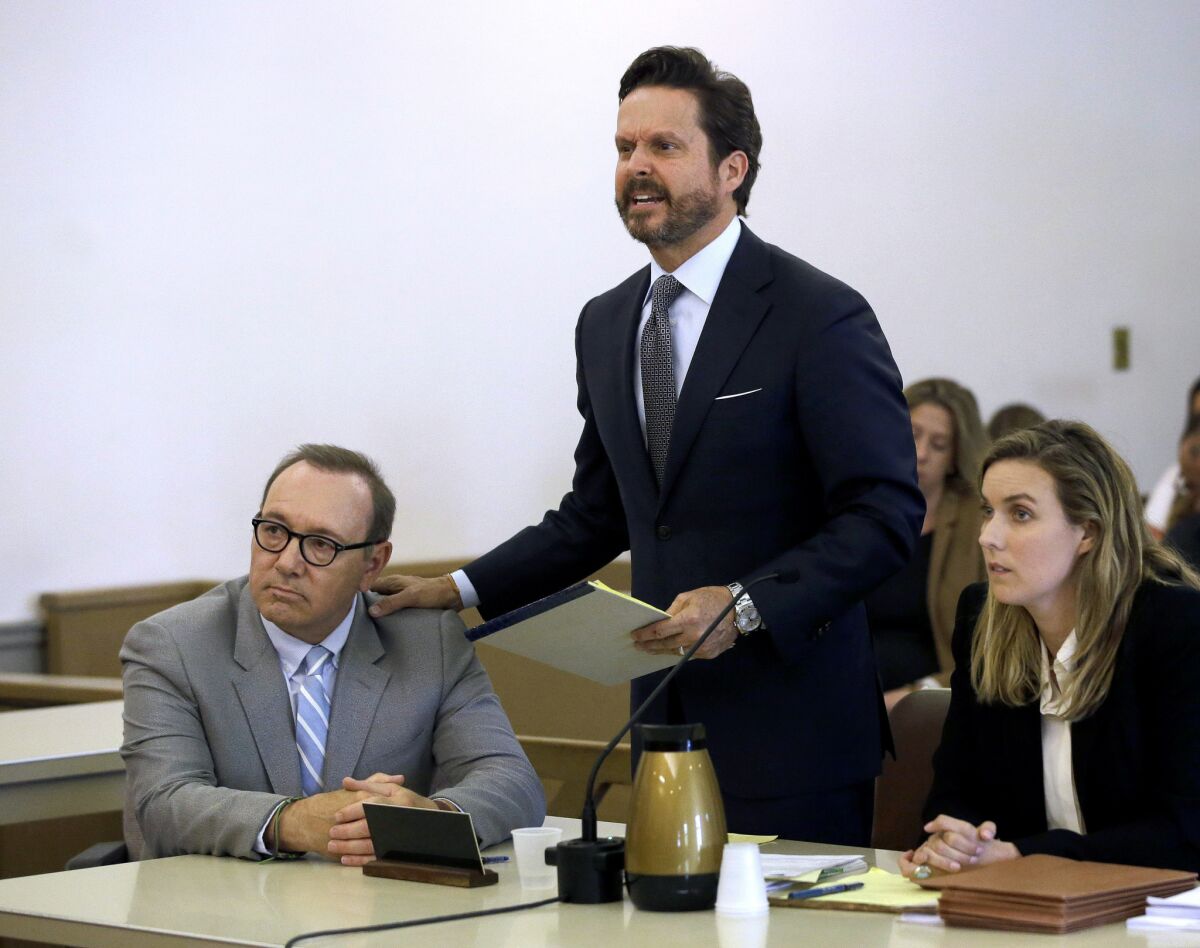 Actor Kevin Spacey, left, listens to attorney Alan Jackson address the court during a pretrial hearing on June 3, 2019, in Nantucket.