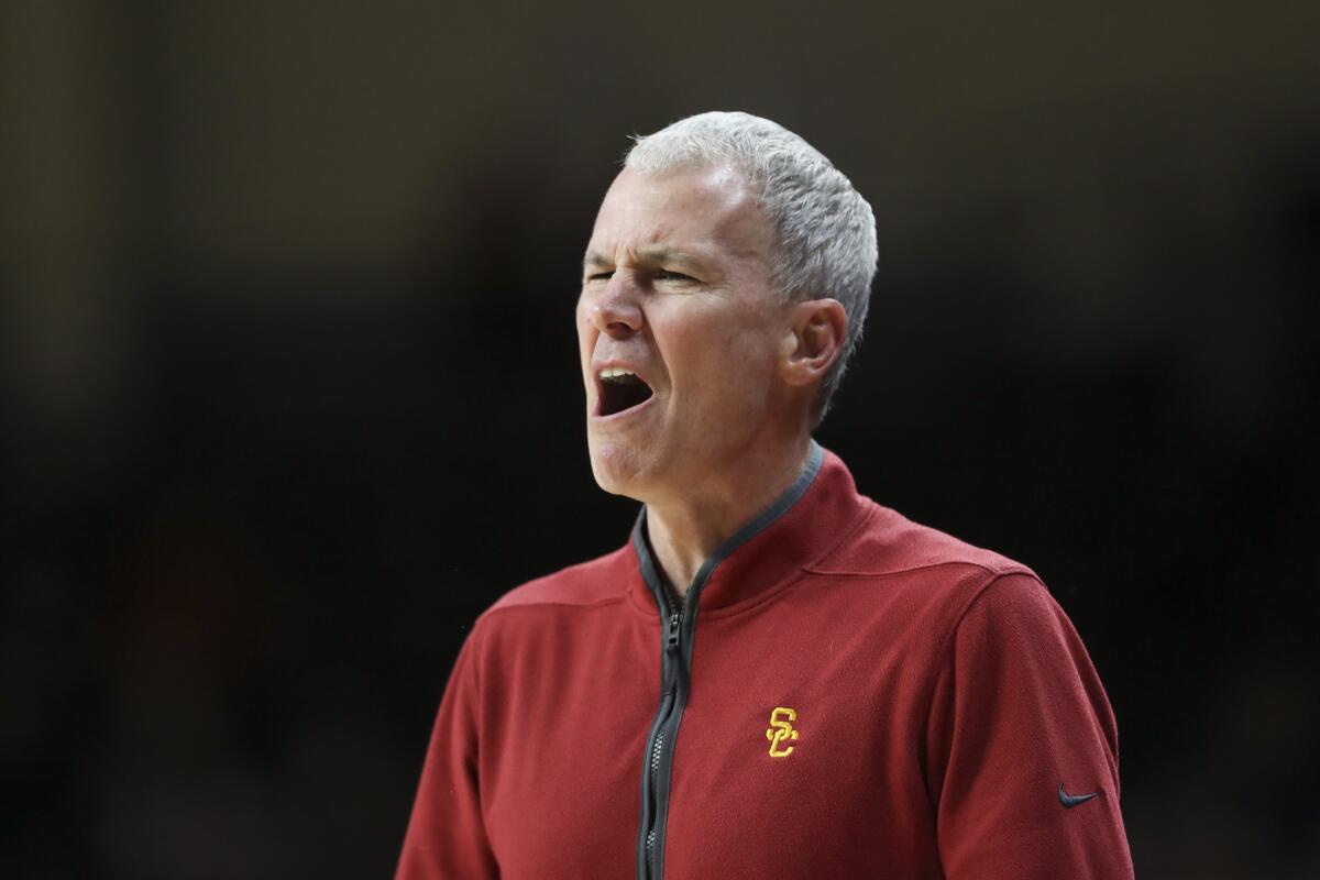 Trojans coach Andy Enfield reacts after a call during the first half Feb. 11, 2023. 