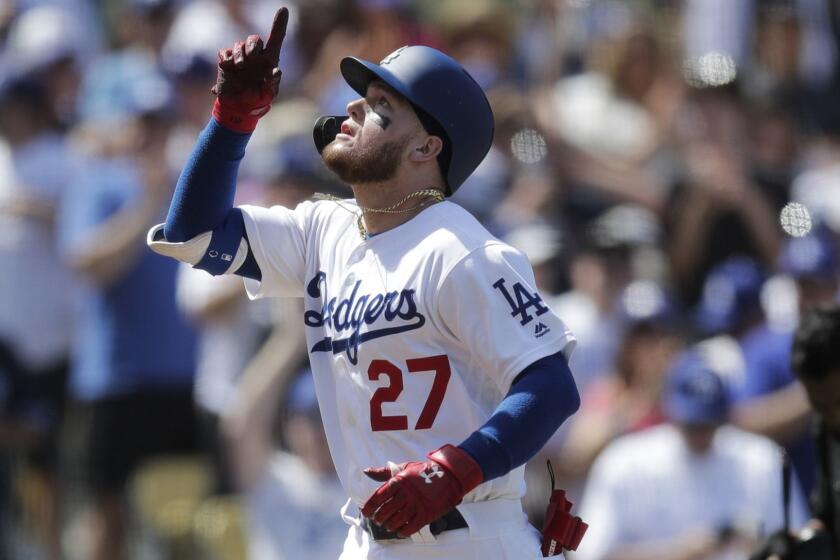 Los Angeles Dodgers' Alex Verdugo celebrates his home run during the fifth inning of a baseball game against the Milwaukee Brewers, Sunday, April 14, 2019, in Los Angeles. (AP Photo/Jae C. Hong)