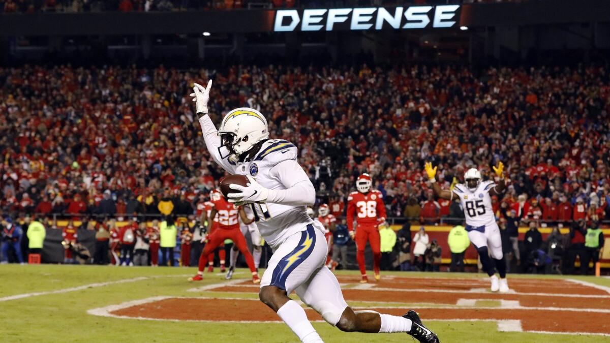 Wide receiver Mike Williams celebrates after catching the two-point conversion with four seconds remaining in the game to put the Chargers up 29-28 over the Kansas City Chiefs at Arrowhead Stadium on Dec. 13, 2018.